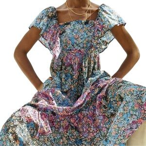 Anthropologie L Clementina Eyelet Maxi Dress tiered boho embroidery floral smock
